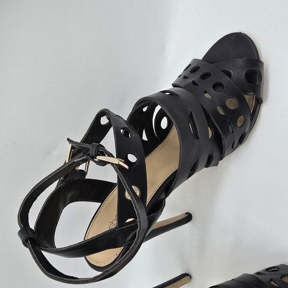 Black Faux Leather Laser Cut Strappy Heels - Size 8.5 - Picture 3 of 16
